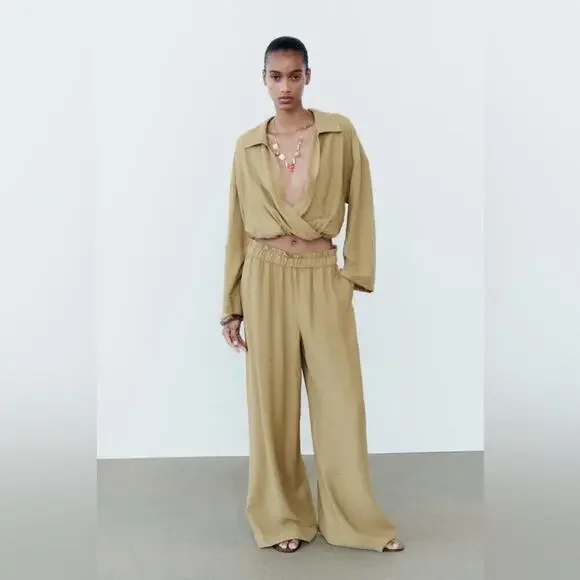 Zara WIDE LEG GATHERED WAIST PANT Size Large - Picture 2 of 9